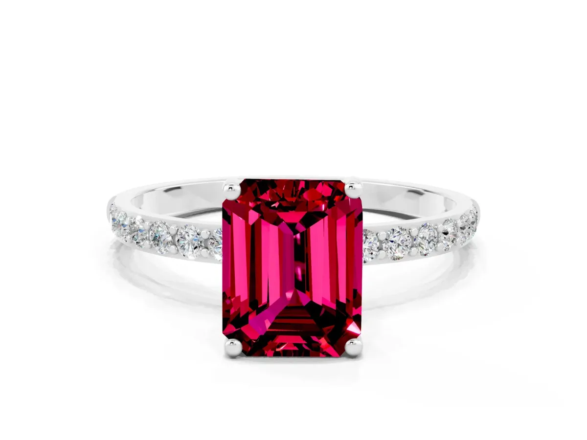 Emerald Cut Garnet Solitaire Ring with Round Pavé Band and Prong Setting Platinum