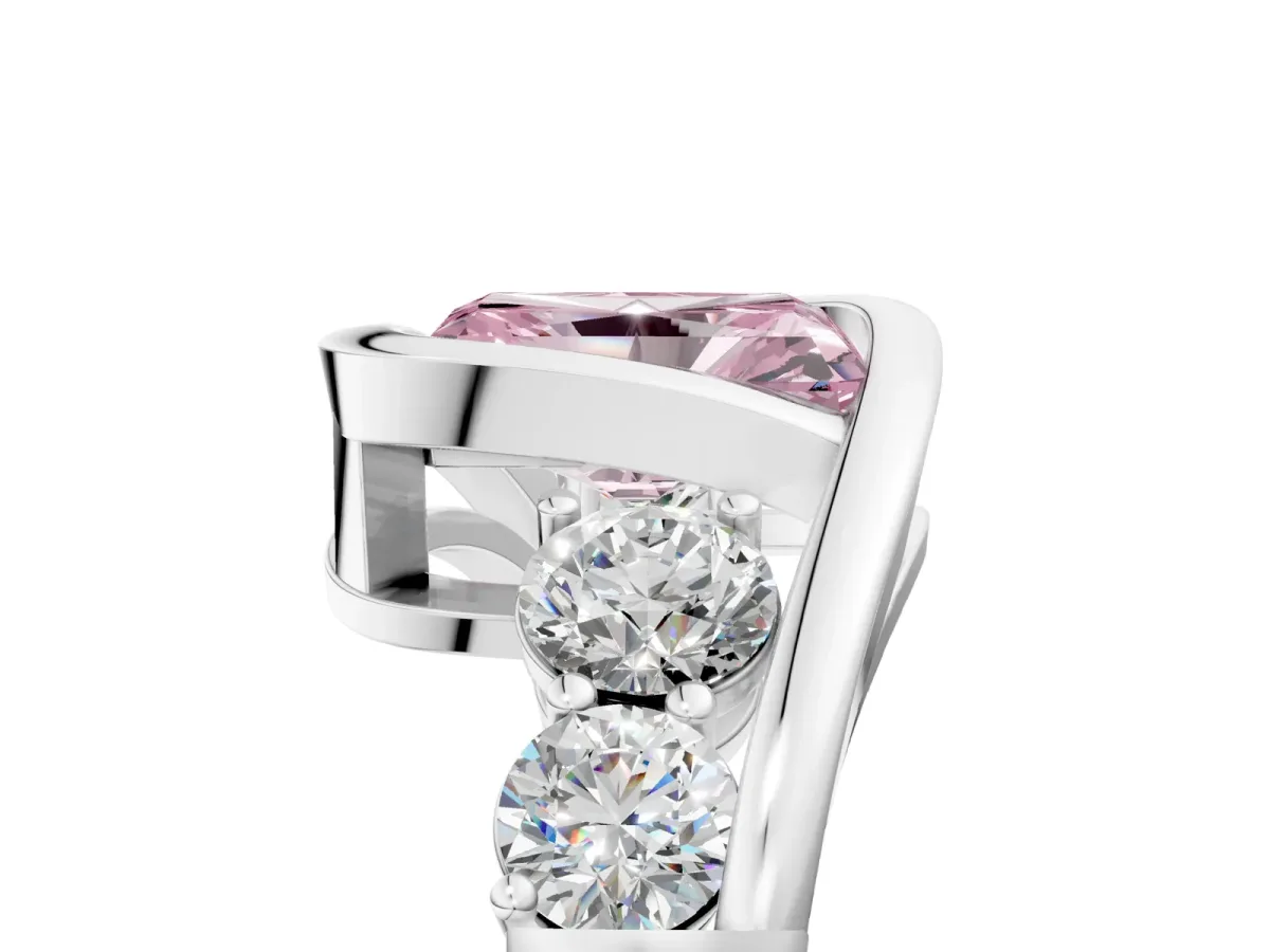 Fancy Pink Bezel Set Radiant Cut Diamond Bypass Ring with Round Accents Silver