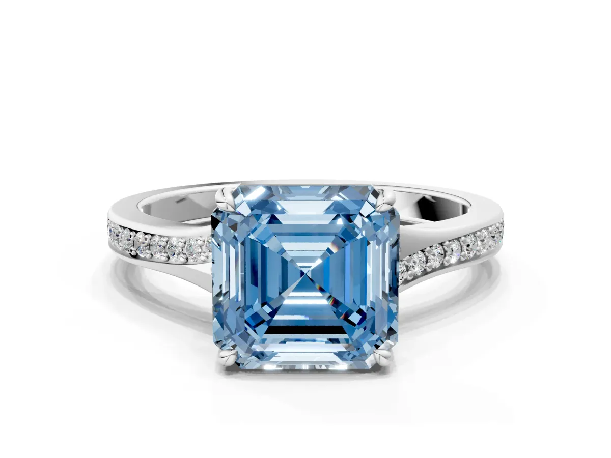 Fancy Blue Asscher Cut Diamond Solitaire Ring with Pavé Band and Prong Setting Platinum