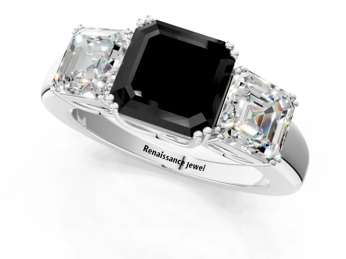 Fancy Black Three-Stone Asscher Cut Cut Diamond Ring with Channel Set Band and Four-Prong Setting Silver