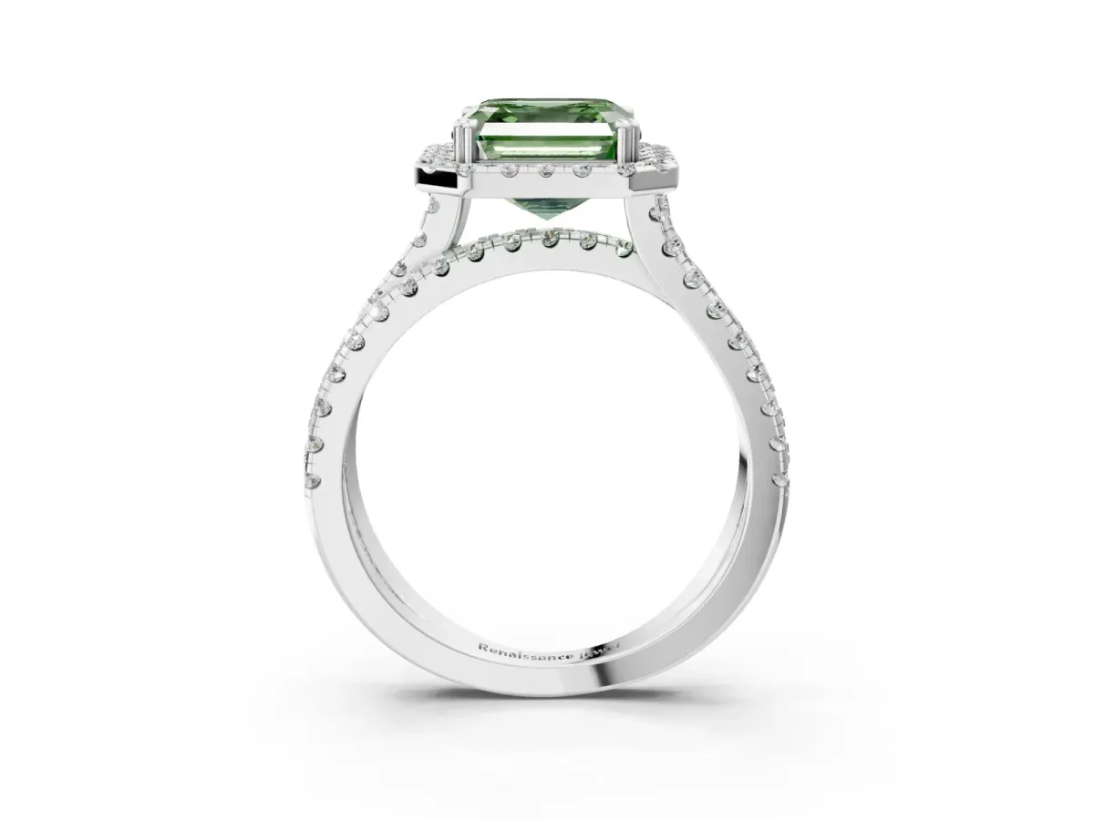 Fancy Green Asscher Cut Halo Split Shank Diamond Ring with Pavé Setting Platinum