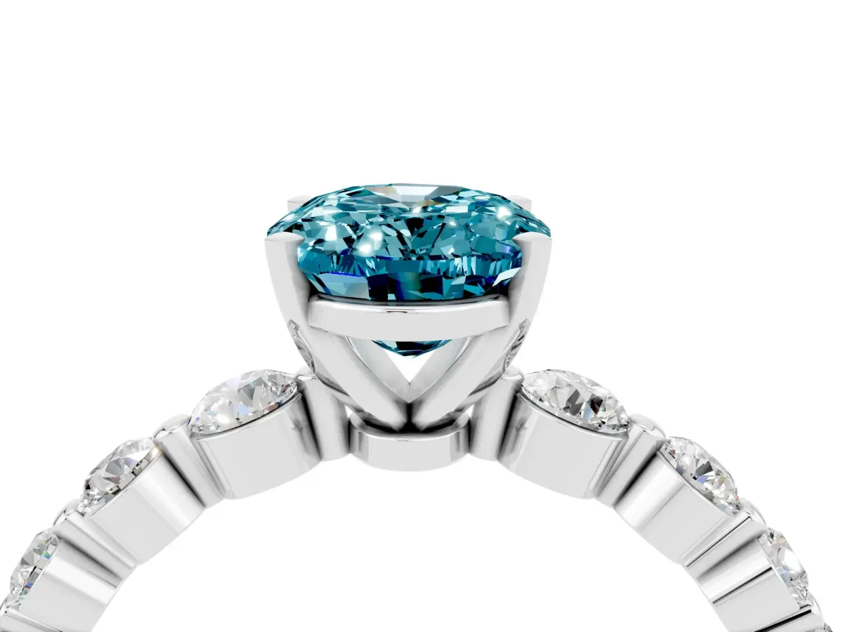 Oval Cut Solitaire Blue Topaz Ring with Pave Band and Four-Prong Setting Silver