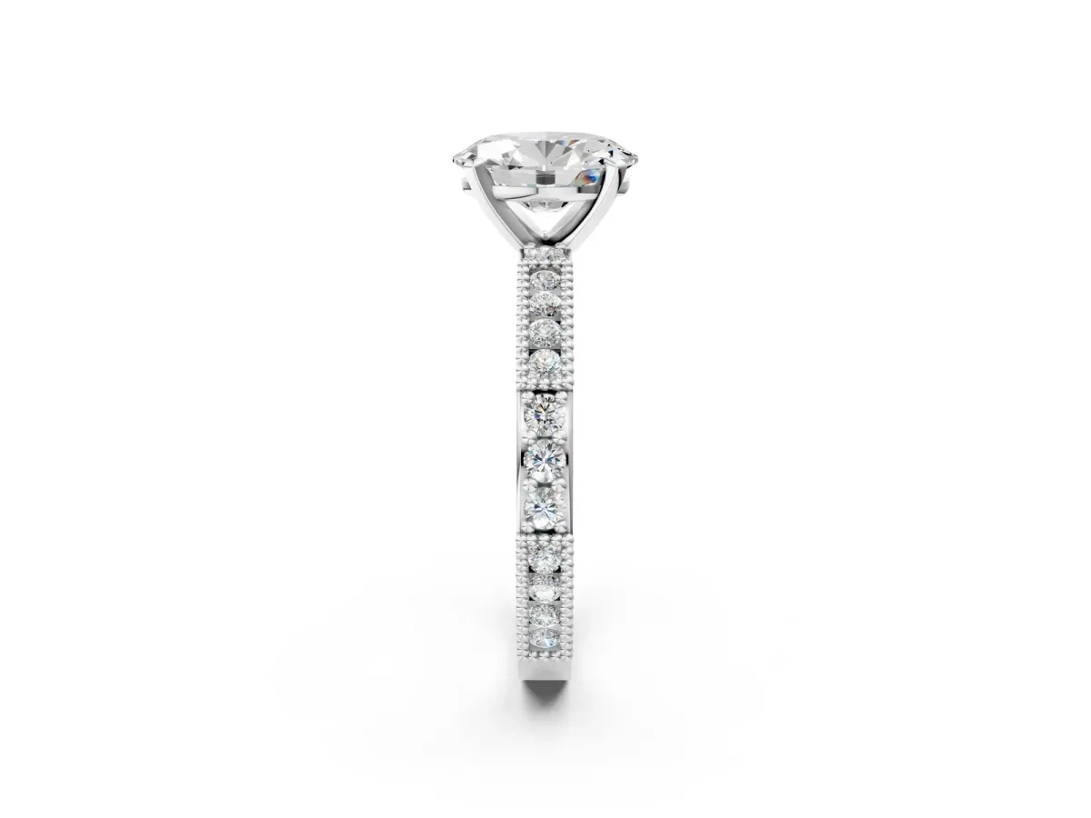 Oval Cut Solitaire with Pavé Band and Four-Prong Setting White gold