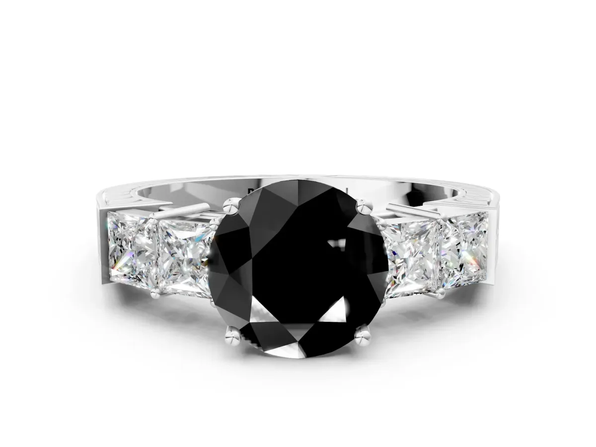 Fancy Black Round Cut Solitaire Princess Side Stone Engraved Band Prong Setting Ring Silver