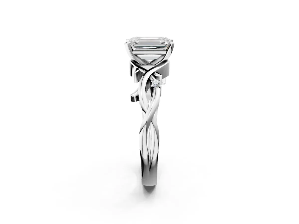 Emerald Cut Diamond Solitaire Ring with Twisted Band and Prong Setting White gold