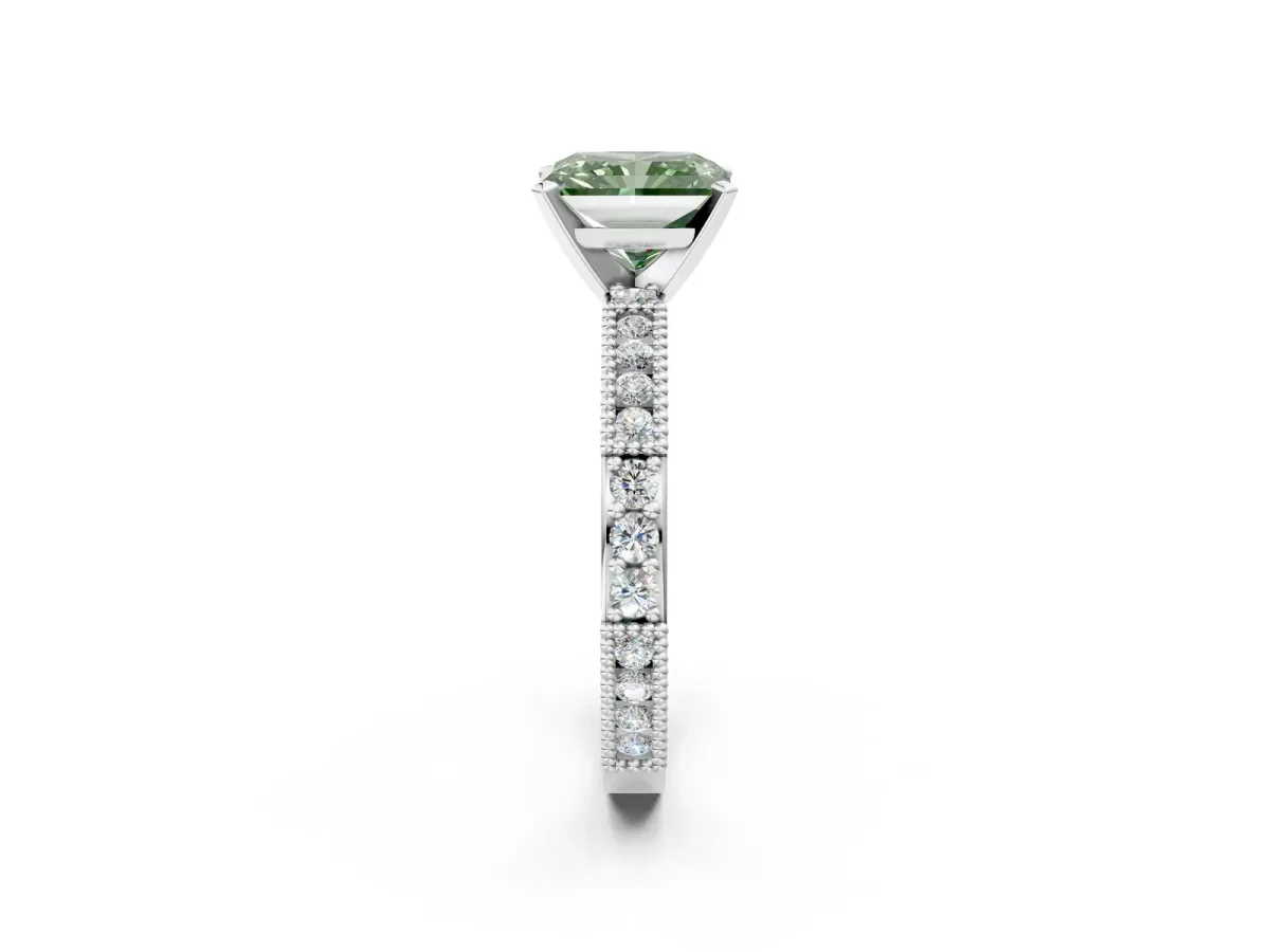 Fancy Green Radiant Cut Solitaire with Pavé Band and Four-Prong Setting Silver