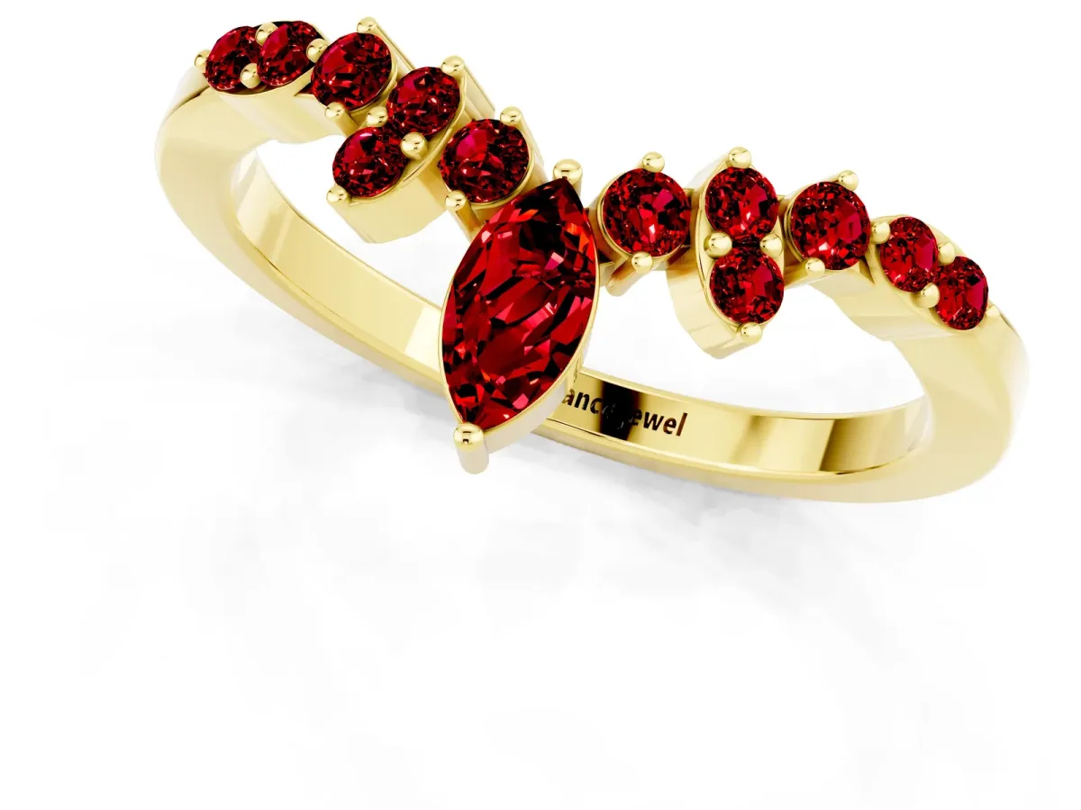Marquise and Round Ruby Chevron Band with Prong Setting Yellow gold