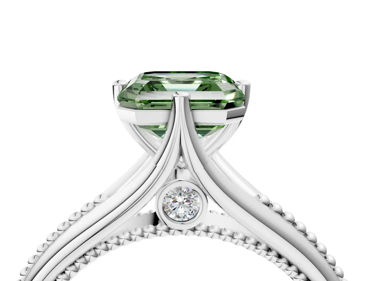 Fancy Green Asscher Cut Solitaire Beaded Band Six-Prong Setting Platinum