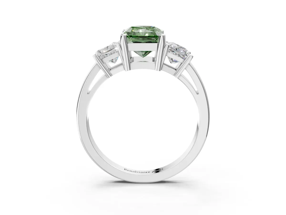 Fancy Green Three-Stone Radiant Cut Cut Solitaire Ring with Prong Setting Platinum