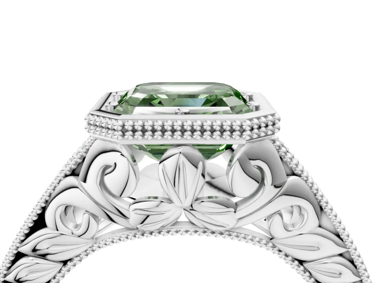 Fancy Green Bezel Set Asscher Cut Diamond Milgrain Pave Engagement Ring Platinum