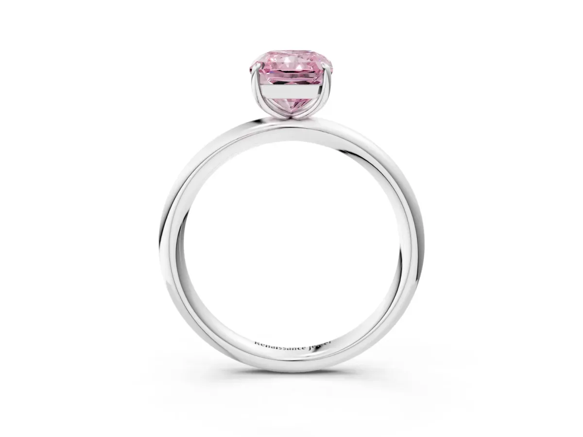 Fancy Pink Radiant Cut Solitaire Diamond Ring with Four-Prong Setting on a Plain Band Platinum