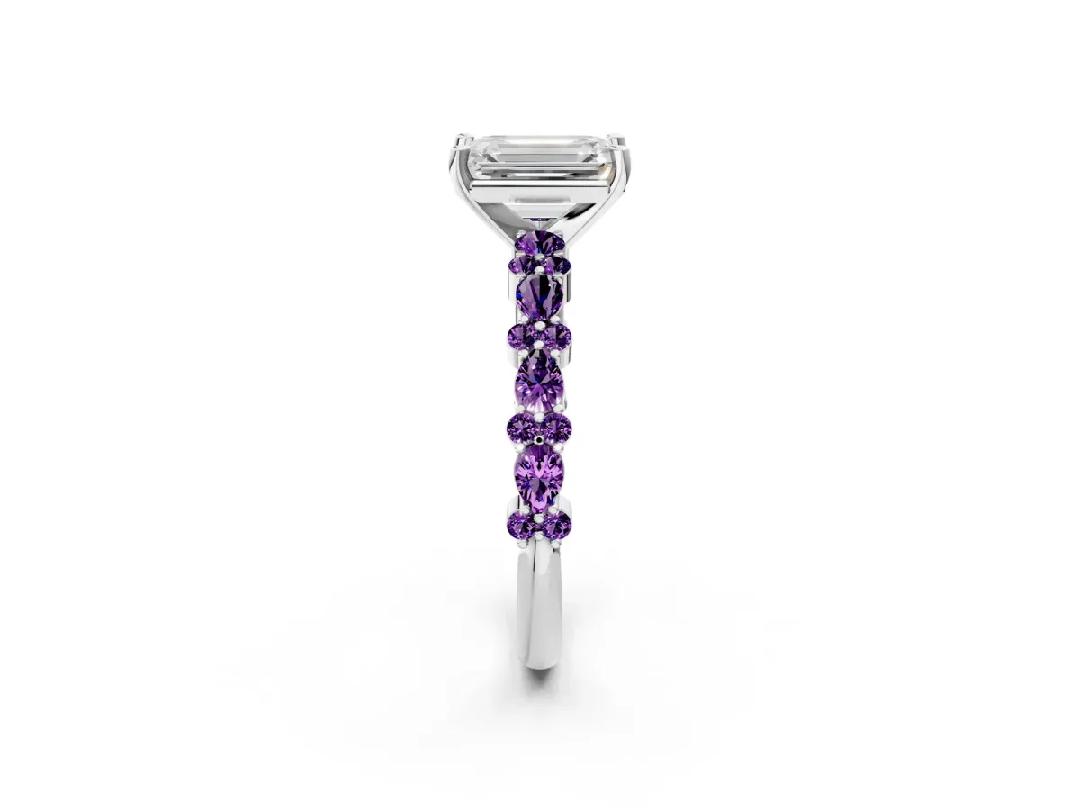 Emerald Cut Diamond Side Stone Solitaire Ring with Round Amethyst and Four-Prong Setting Platinum