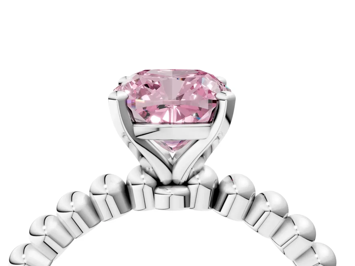 Fancy Pink Cushion Cut Diamond Solitaire Ring with Beaded Band and Prong Setting Platinum