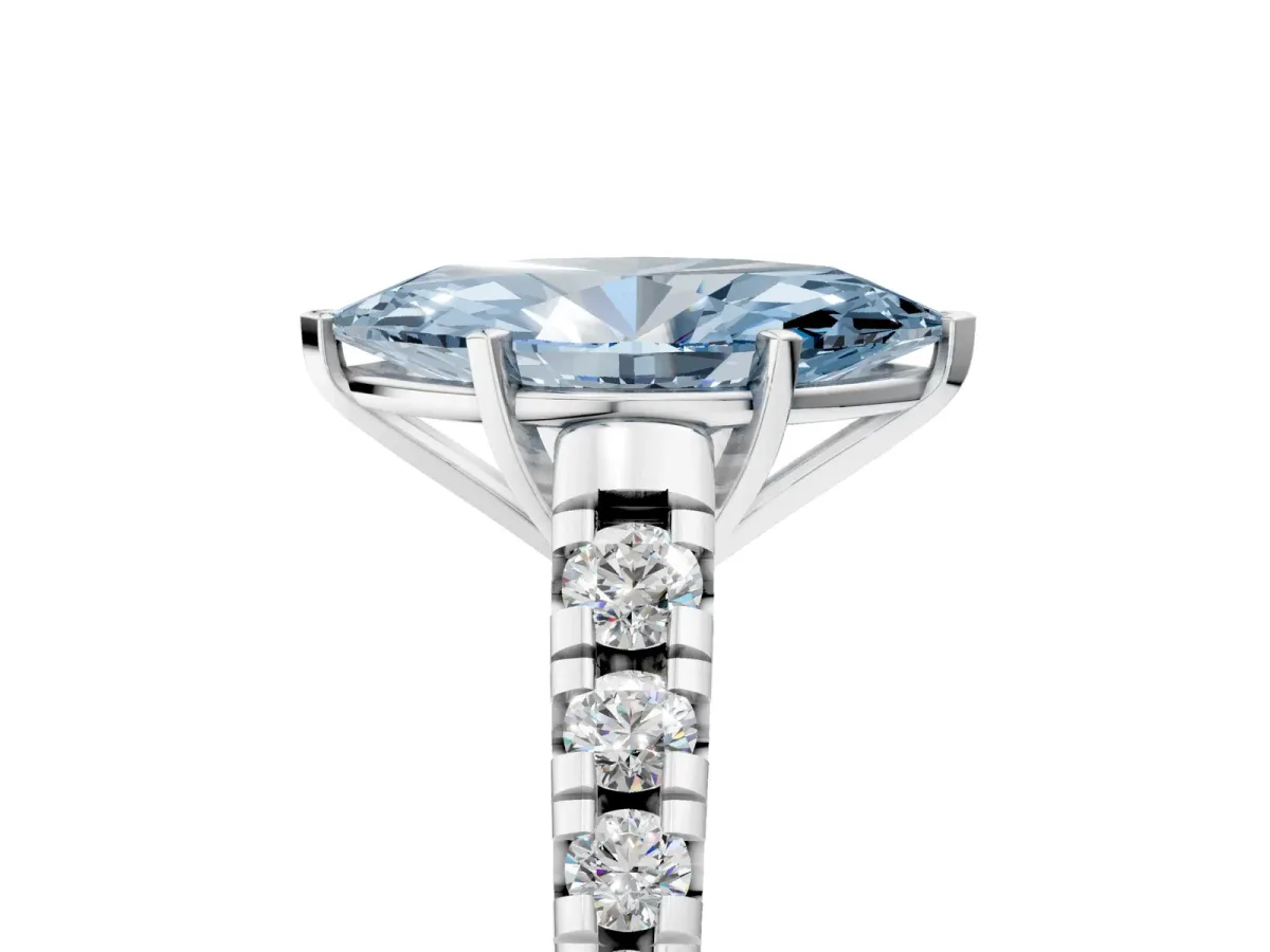 Fancy Blue Marquise Cut Diamond Cathedral Solitaire Ring with Round Pavé Band Silver