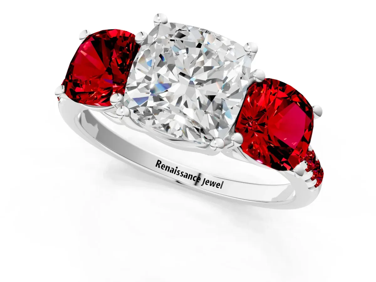 Three-Stone Cushion Cut Diamond Ring with Round Ruby Pavé Band and Prong Setting White gold