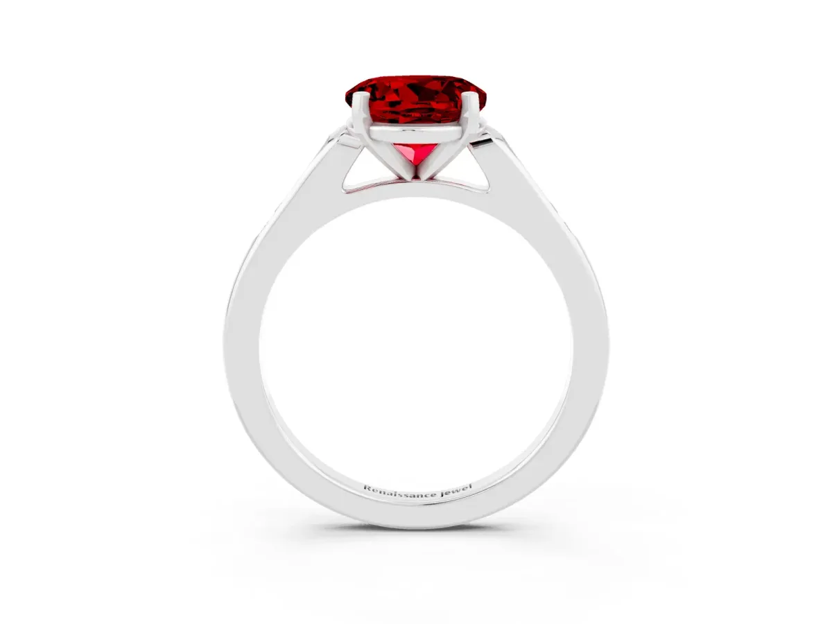 Round Cut Ruby Solitaire Ring with Channel Set Round Band and Prong Setting Silver