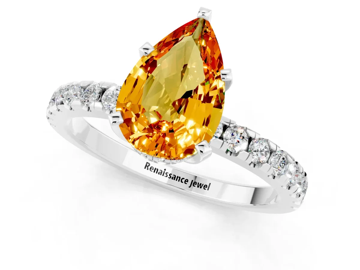 Pear Cut Citrine Solitaire Ring with Round Pavé Band and Four-Prong Setting Silver