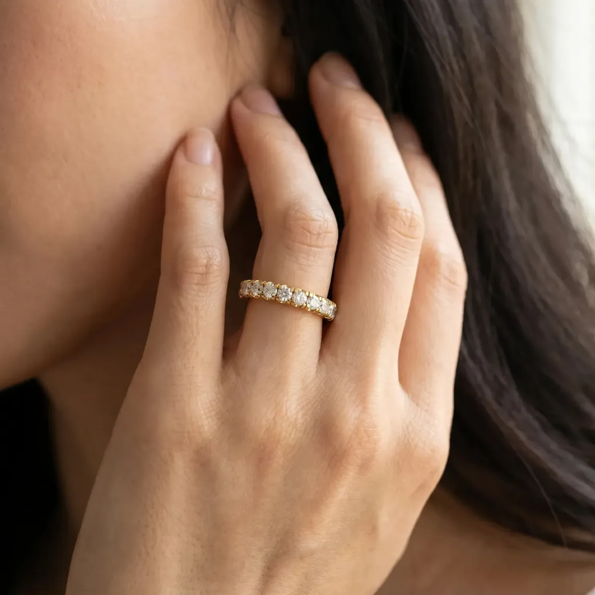 Pavé Round Diamond Half Eternity Band with Shared Prong Setting Yellow gold