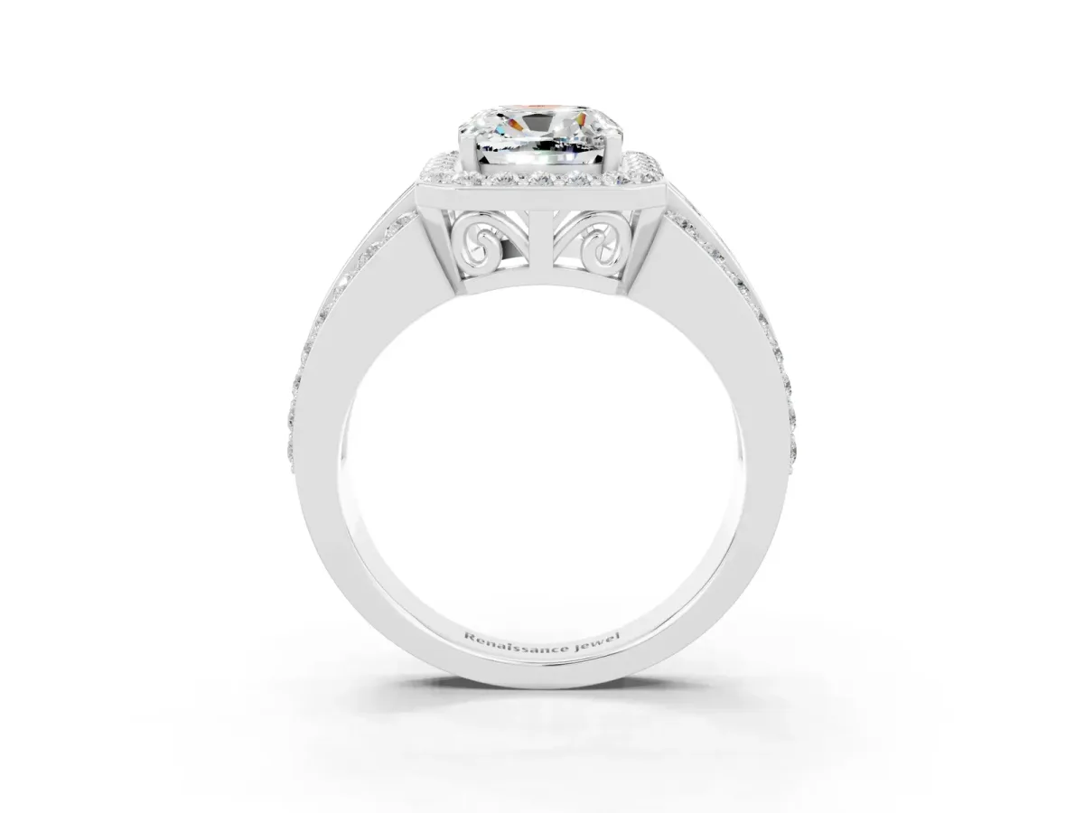 Cushion Cut Halo Moissanite Ring with Round Split Shank and Prong Setting Platinum