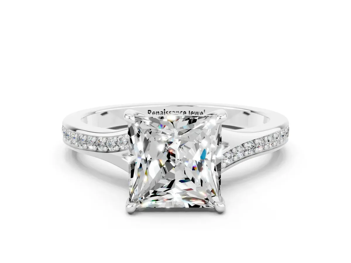Princess Cut Moissanite Solitaire Ring with Pavé Band and Prong Setting Silver