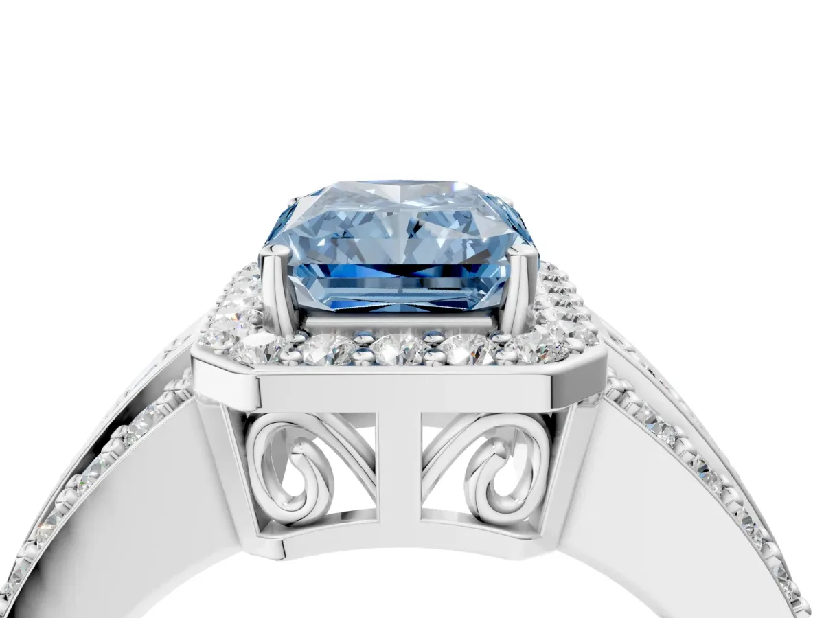 Fancy Blue Radiant Cut Halo Diamond Ring with Round Split Shank and Prong Setting Platinum