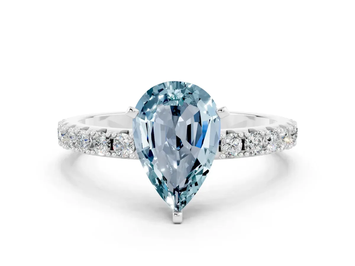 Pear Cut Aquamarine Solitaire Pavé Band with Four-Prong Setting Platinum