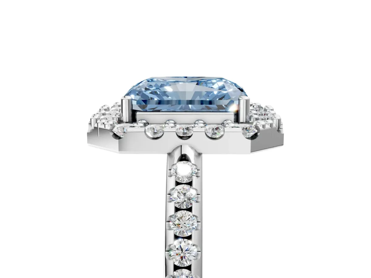 Fancy Blue Radiant Cut Diamond Pavé Halo Ring with Four-Prong Setting Platinum