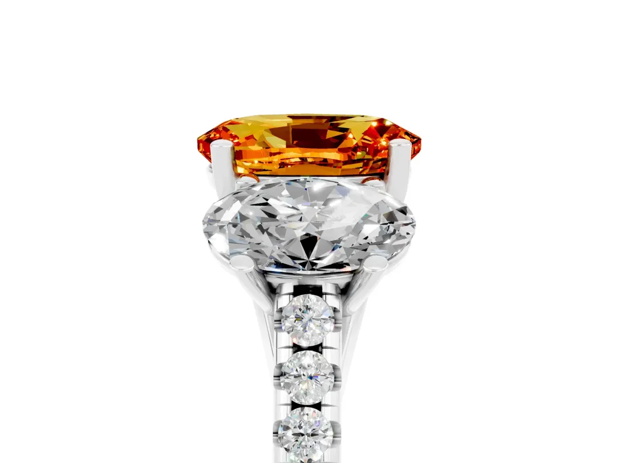Three-Stone Oval Cut Citrine Ring with Round Pavé Band and Prong Setting Silver
