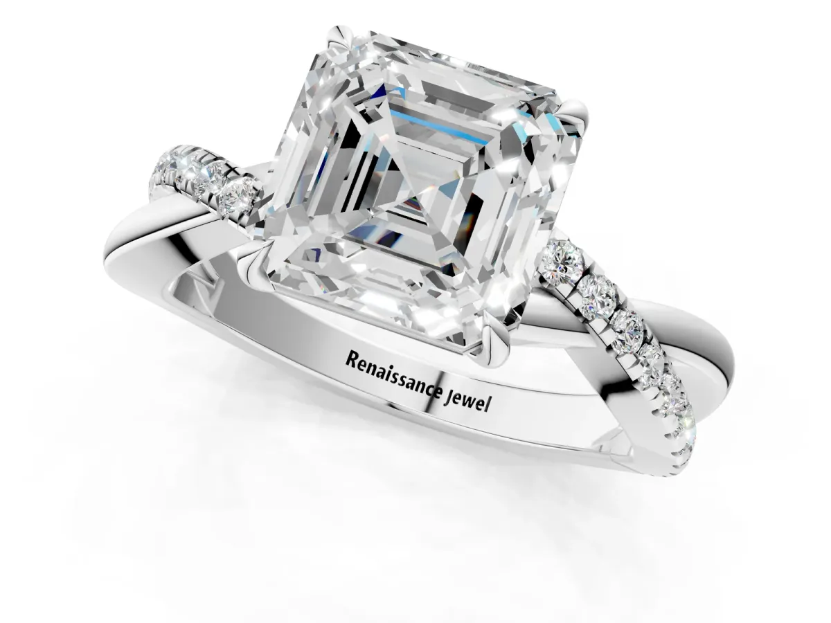 Asscher Cut Cut Diamond Twisted Band with Pavé Setting and Four-Prong Setting Platinum