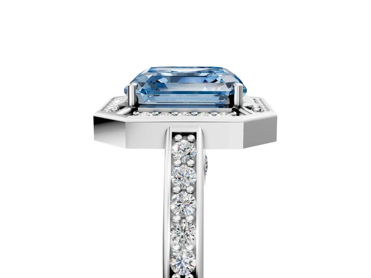 Fancy Blue Asscher Cut Cut Halo Pave Split Shank Prong Setting Ring Platinum