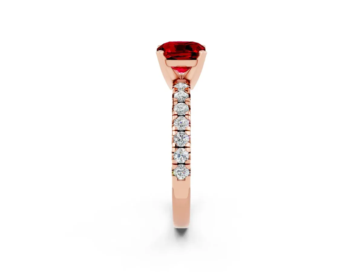 Cushion Cut Ruby Solitaire Pavé Engagement Ring with Round Band and Prong Setting Rose gold