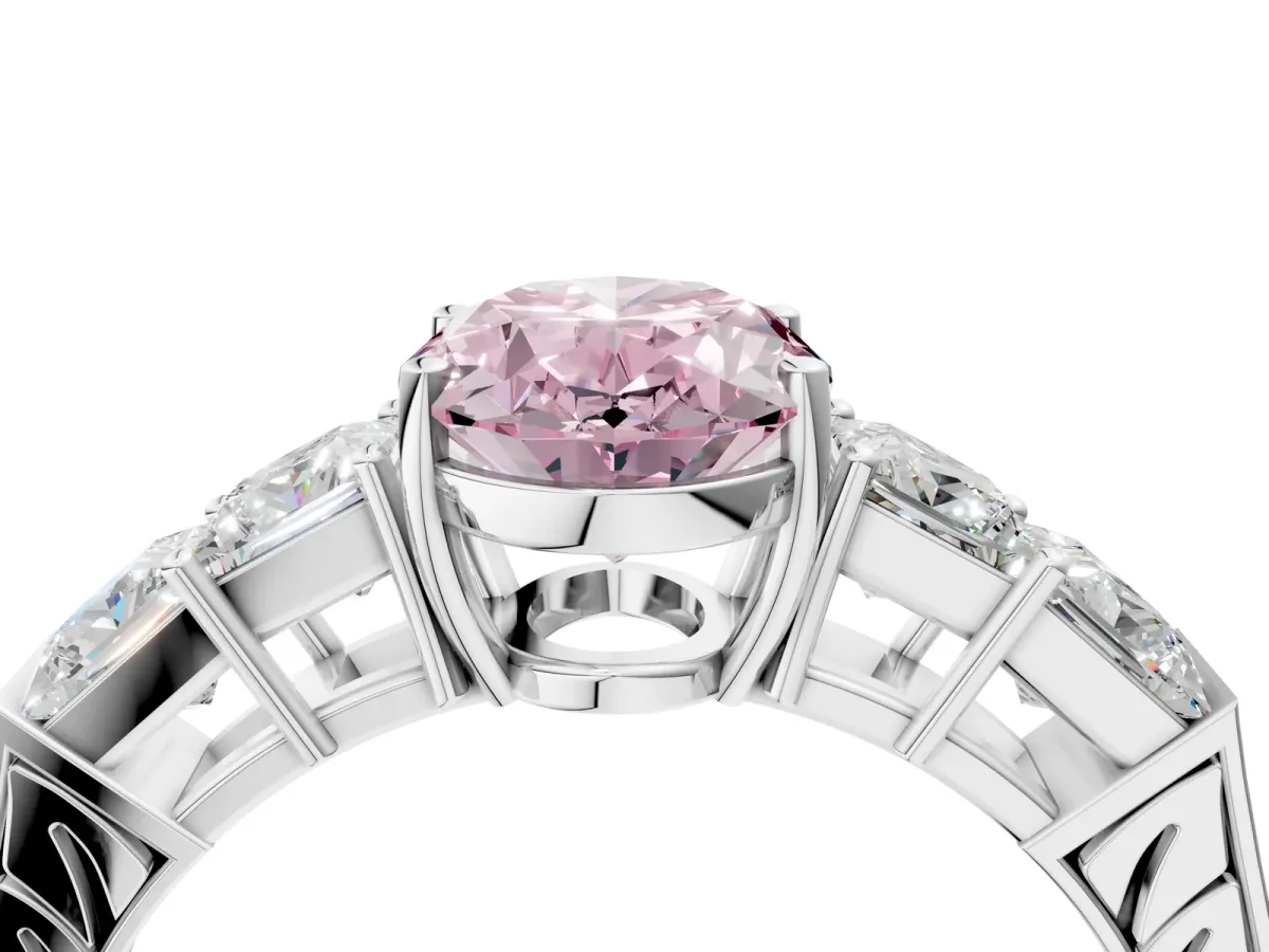 Fancy Pink Oval Cut Solitaire Princess Side Stone Engraved Band Prong Setting Ring Platinum