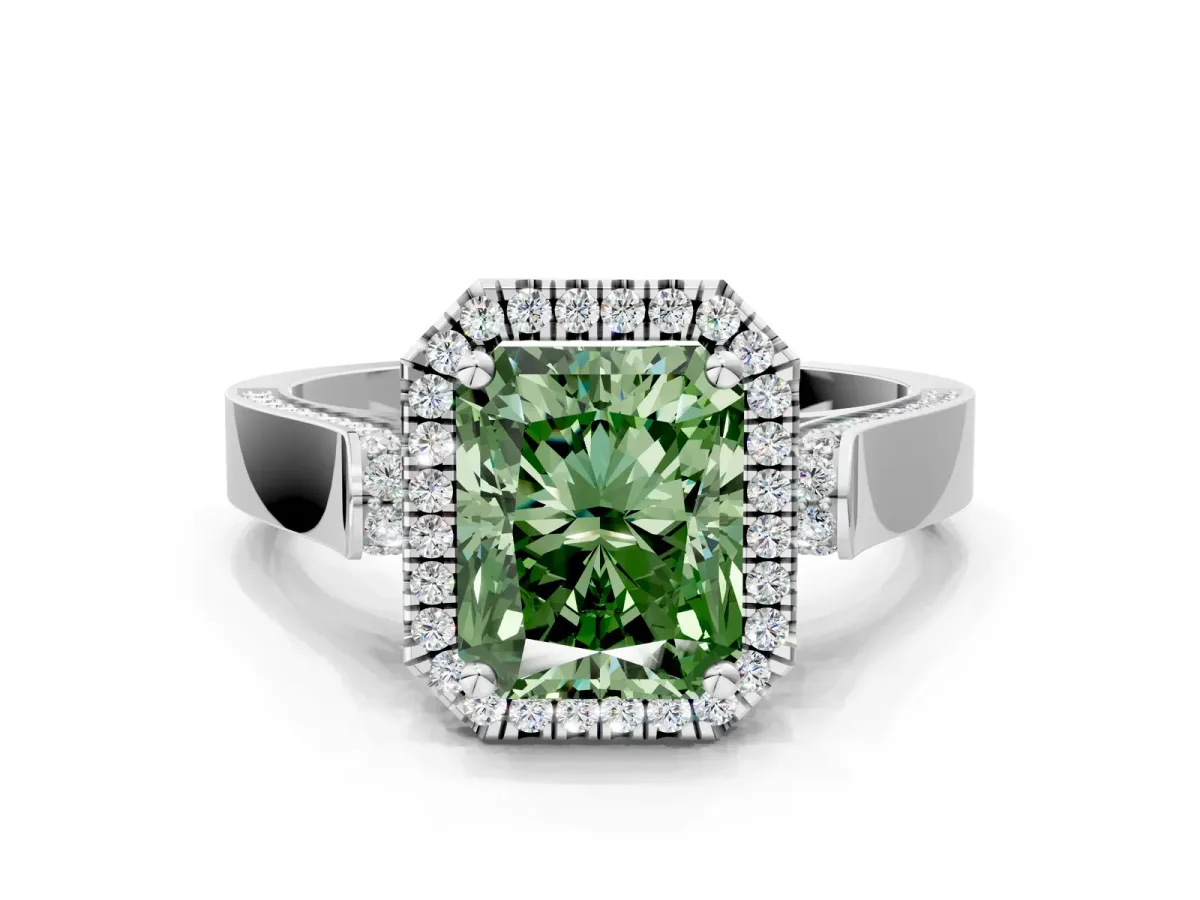 Fancy Green Radiant Cut Halo Pave Split Shank Prong Setting Ring Platinum