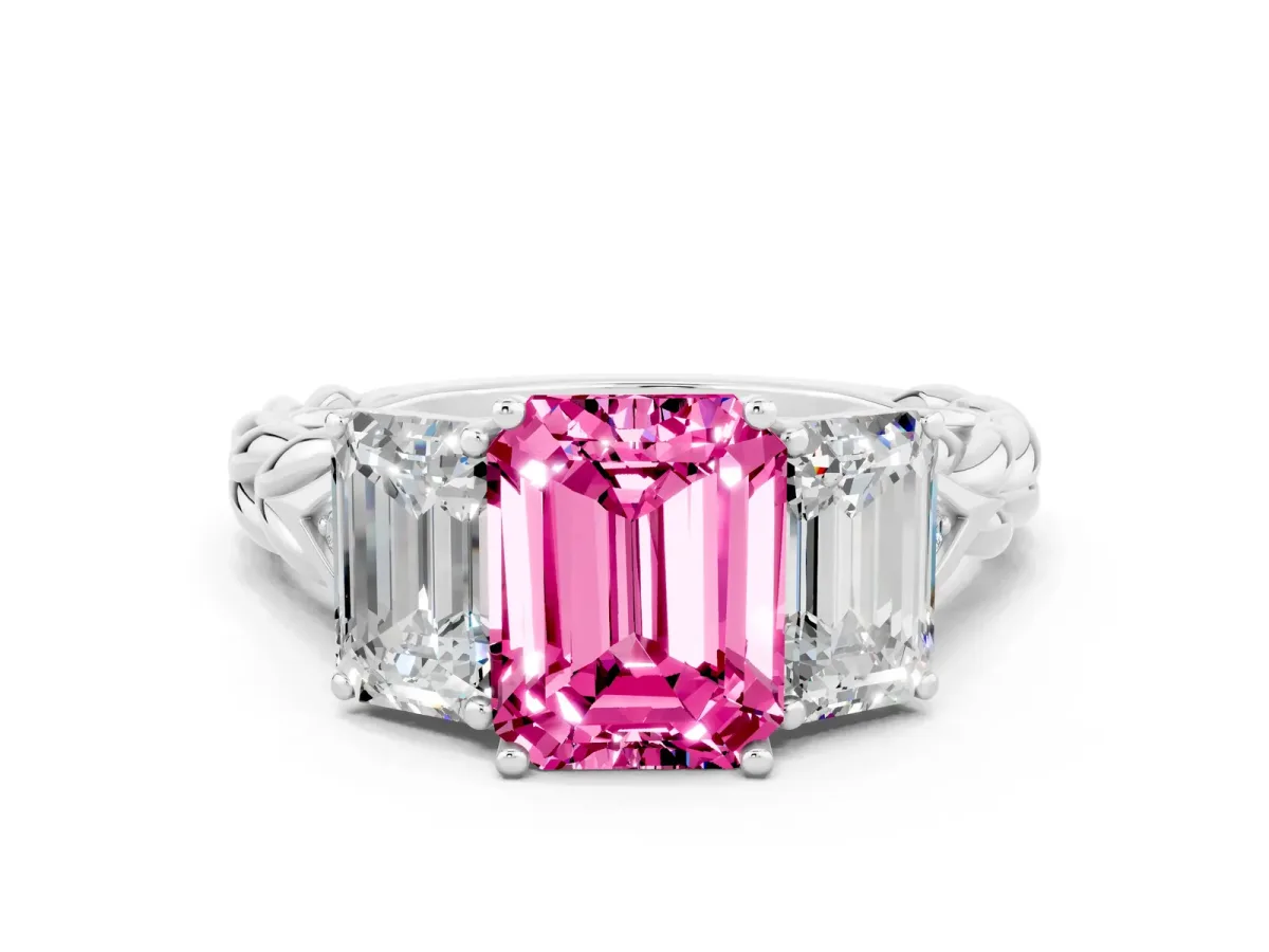 Three-Stone Emerald Cut Pink Sapphire Braided Band Ring with Four-Prong Setting Silver