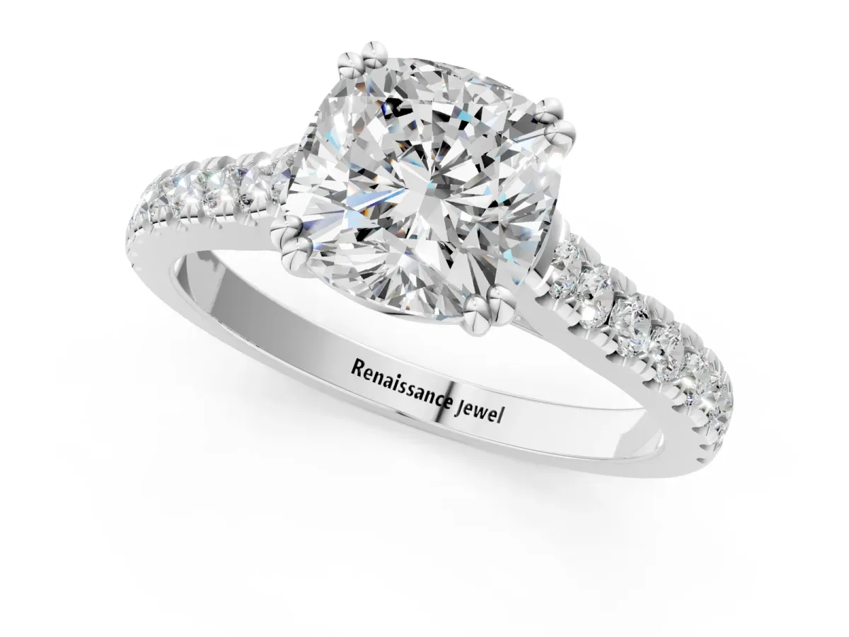 Cushion Cut Solitaire Pave Diamond Engagement Ring with Prong Setting White gold