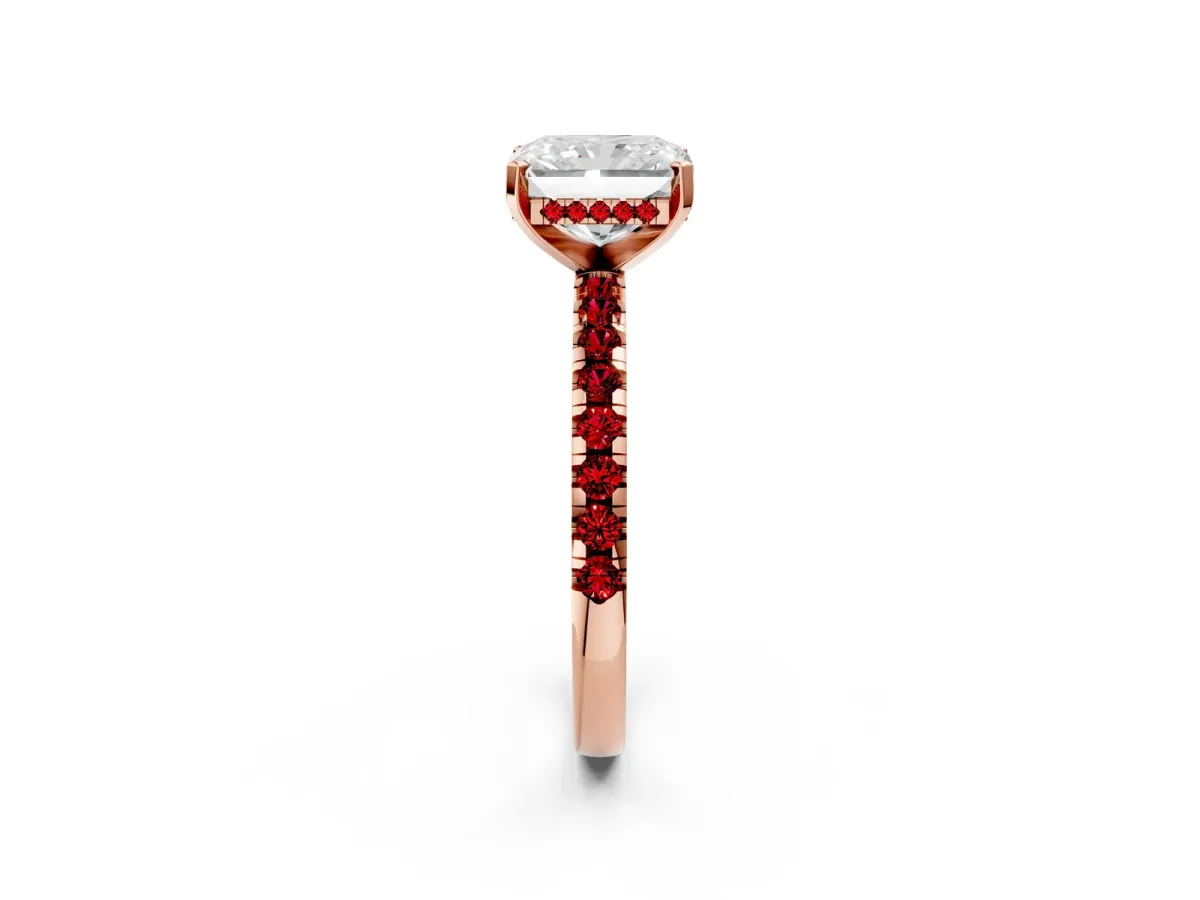 Radiant Cut Diamond Solitaire Ring with Round Ruby Pavé Band and Four-Prong Setting Rose gold