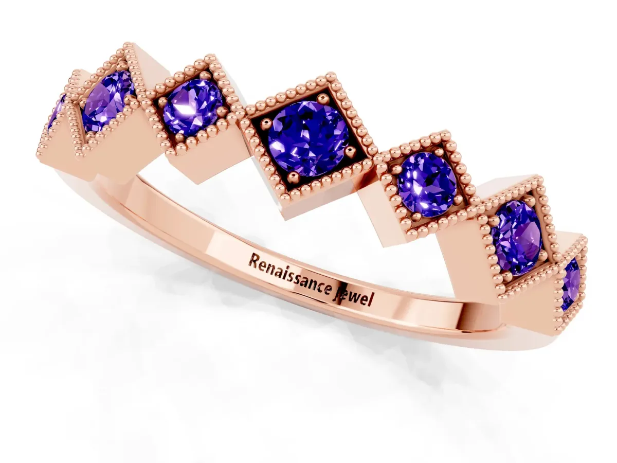 Milgrain Square Bezel Round Tanzanite Chevron Band Rose gold