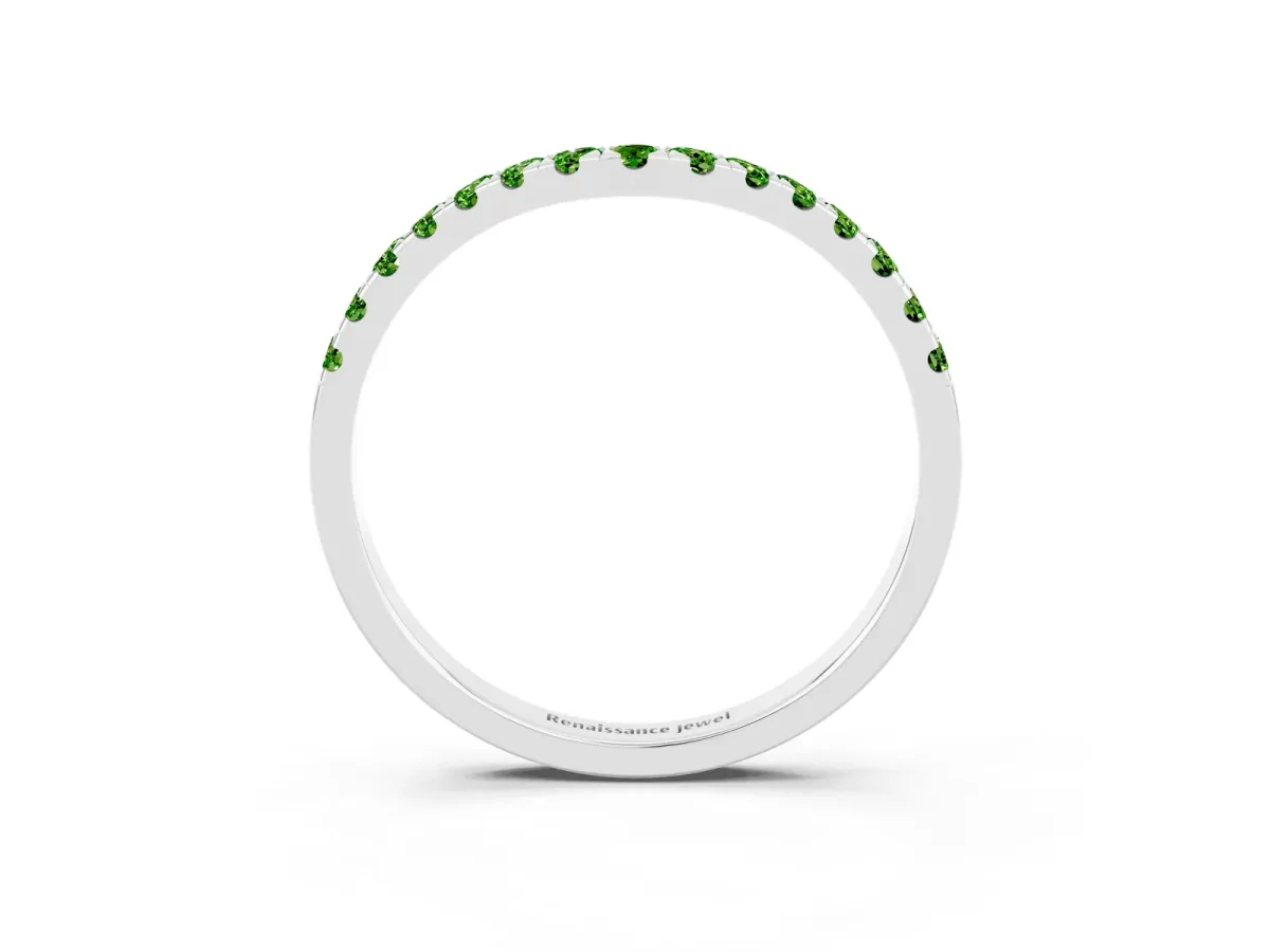 Curved Pavé Round Peridot Wedding Band with Shared Prong Setting Silver