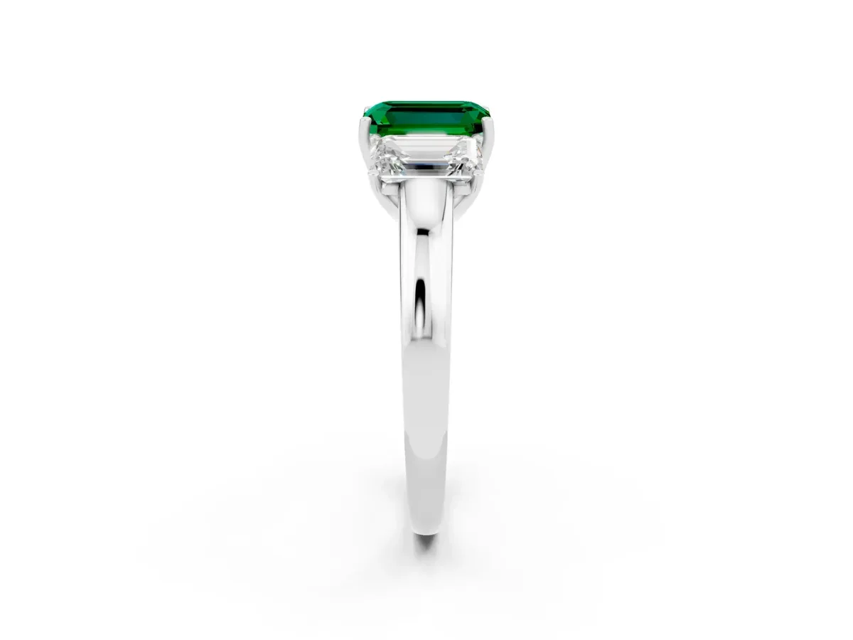 Emerald Cut Emerald Three-Stone Ring with Four-Prong Setting and Classic Band Silver