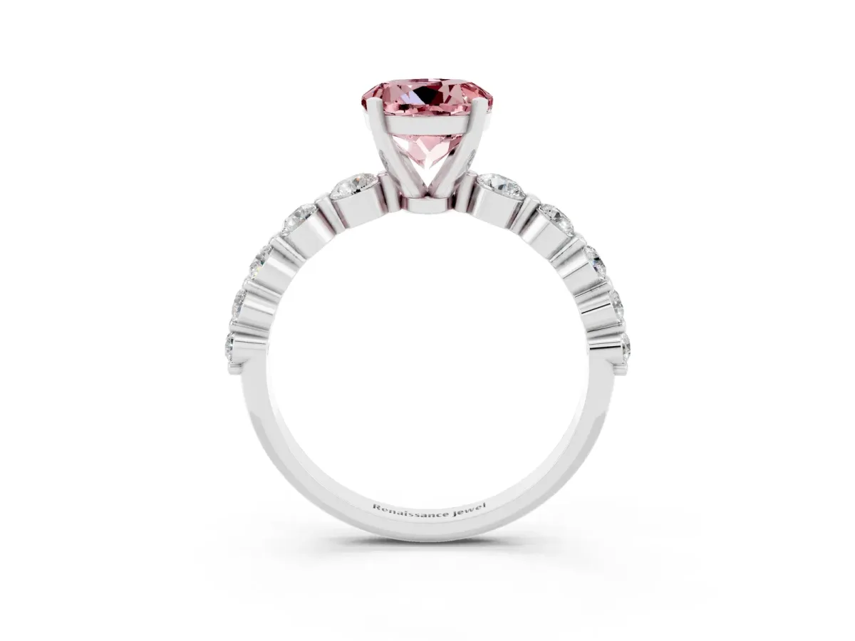 Round Cut Solitaire Morganite Ring with Pave Band and Four-Prong Setting Silver