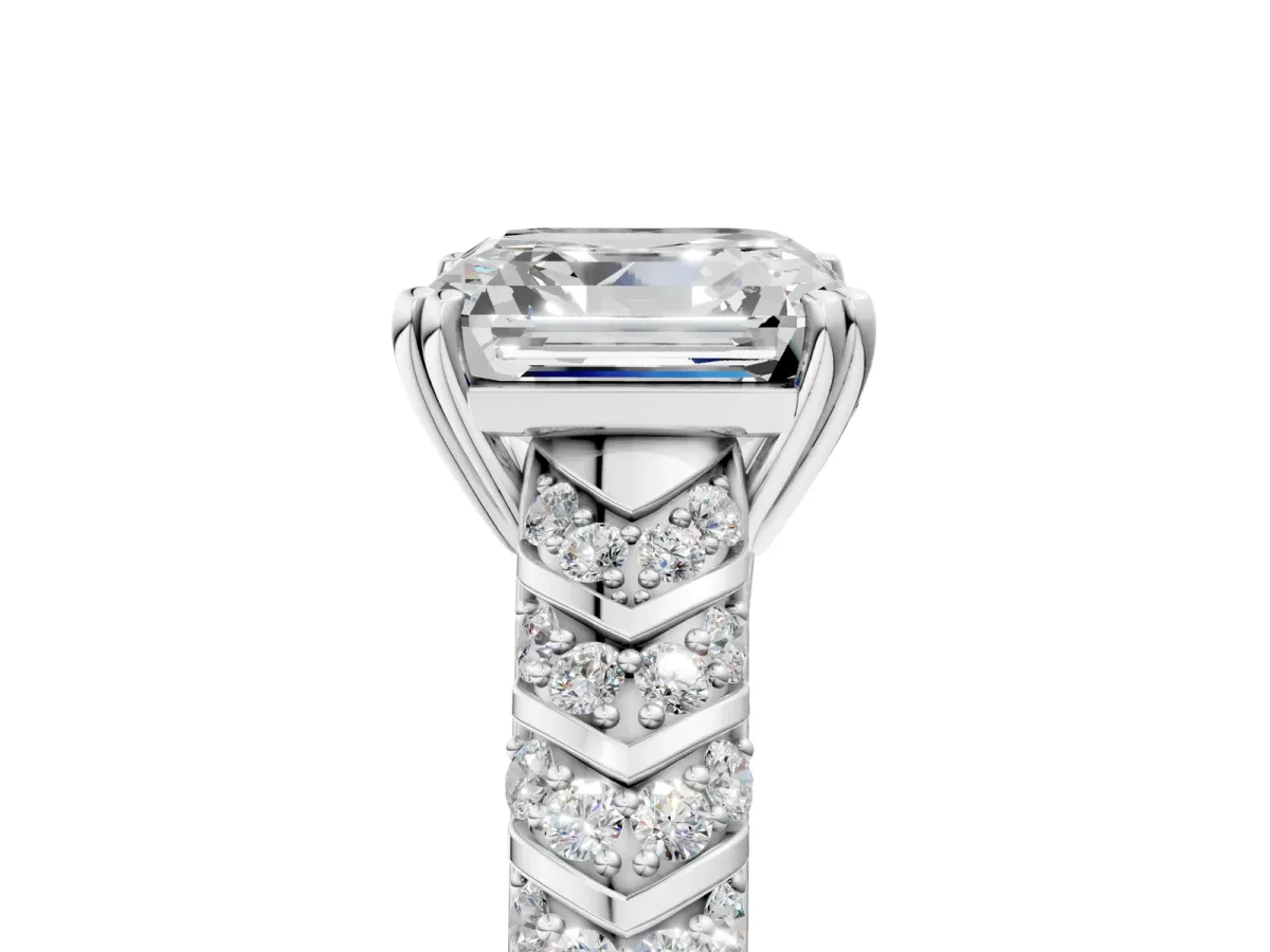 Asscher Cut Solitaire Chevron Pave Diamond Engagement Ring with Six-Prong Setting Platinum