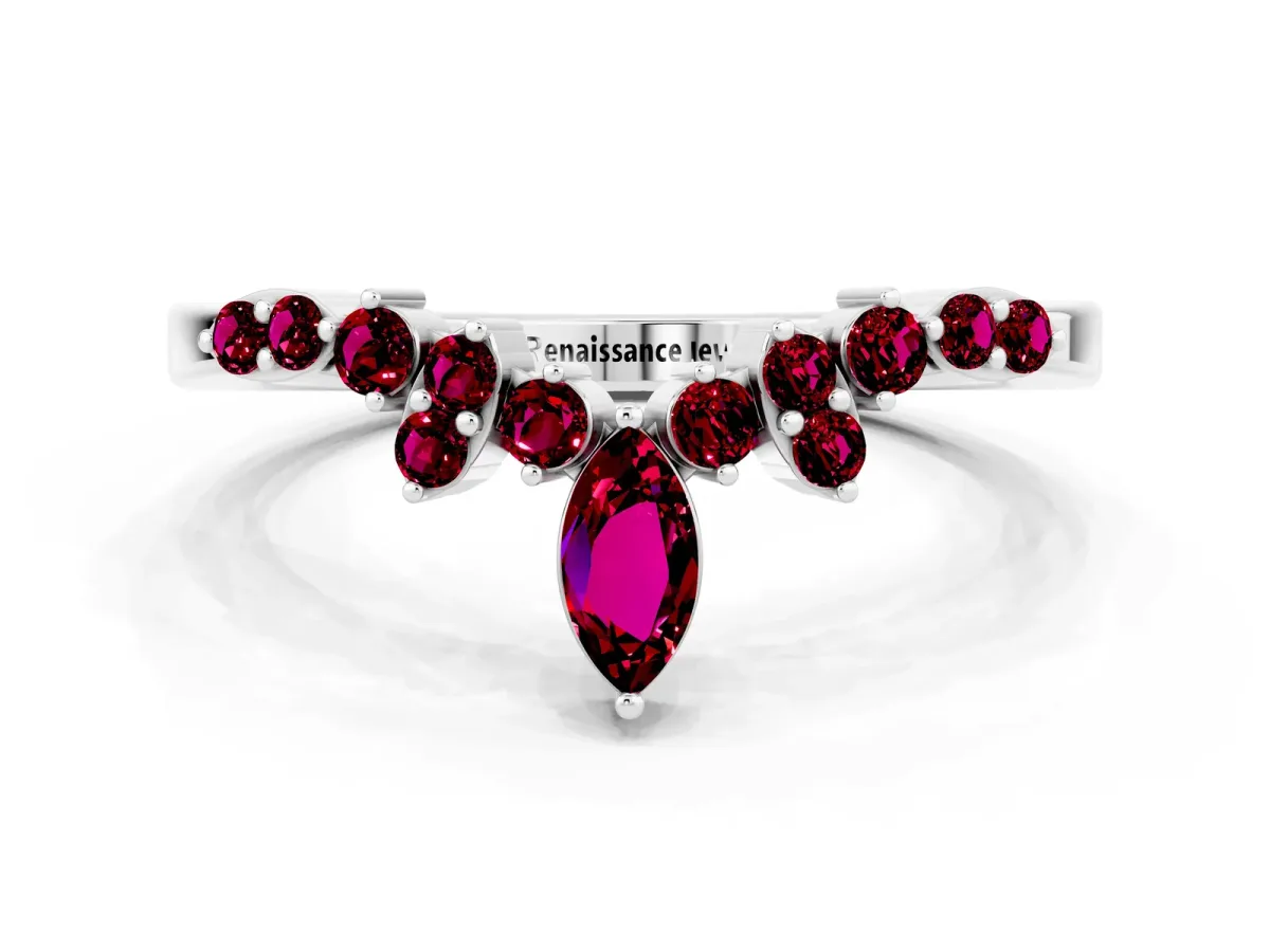 Marquise and Round Garnet Chevron Band with Prong Setting Silver