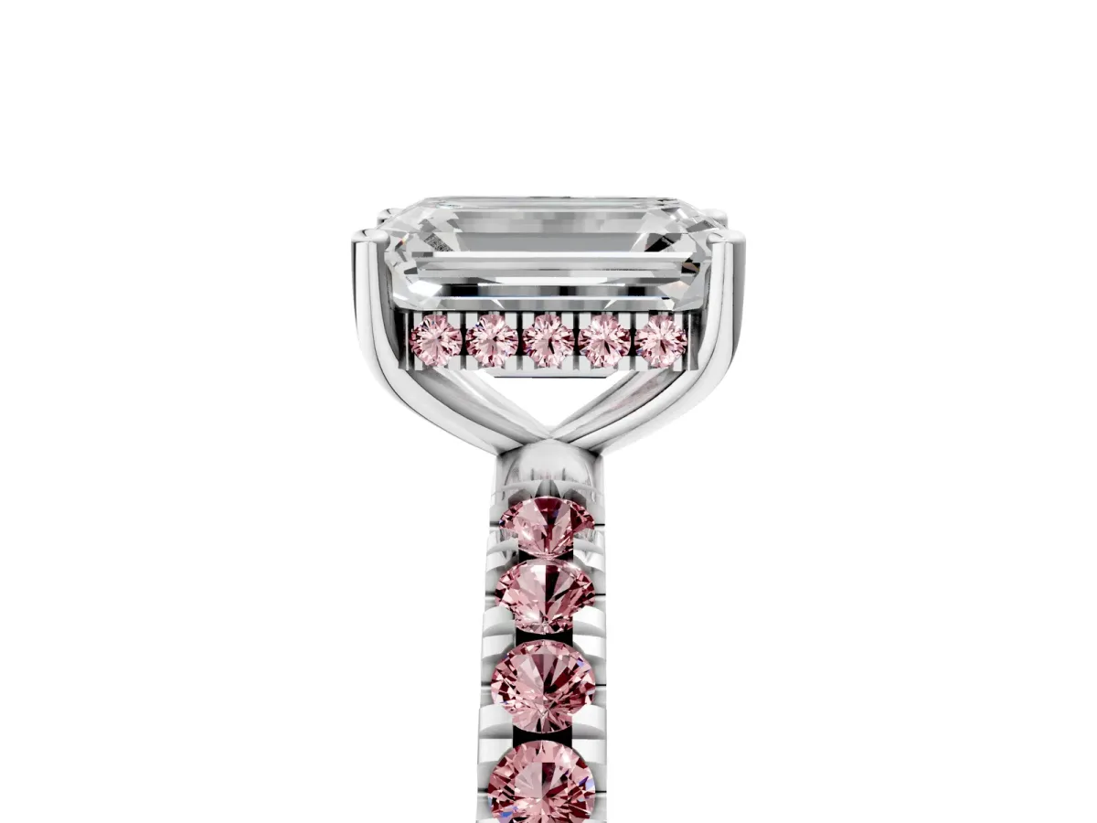Emerald Cut Diamond Pave Band Solitaire Ring with Round Morganite and Prong Setting Platinum