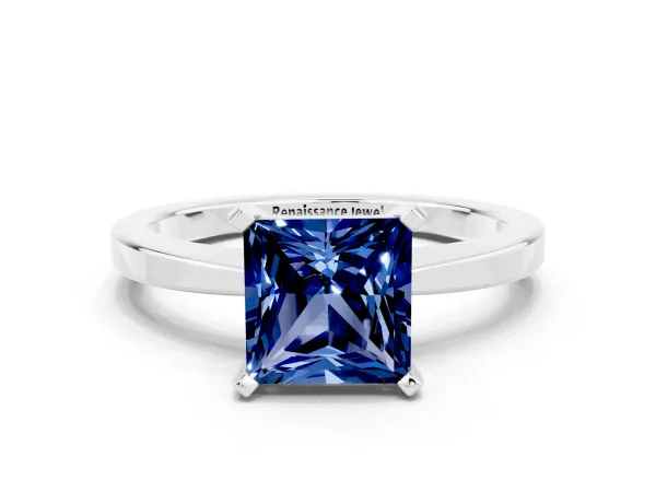 Princess Cut Blue Sapphire Solitaire Engagement Ring with Classic Band and Four-Prong Setting Silver