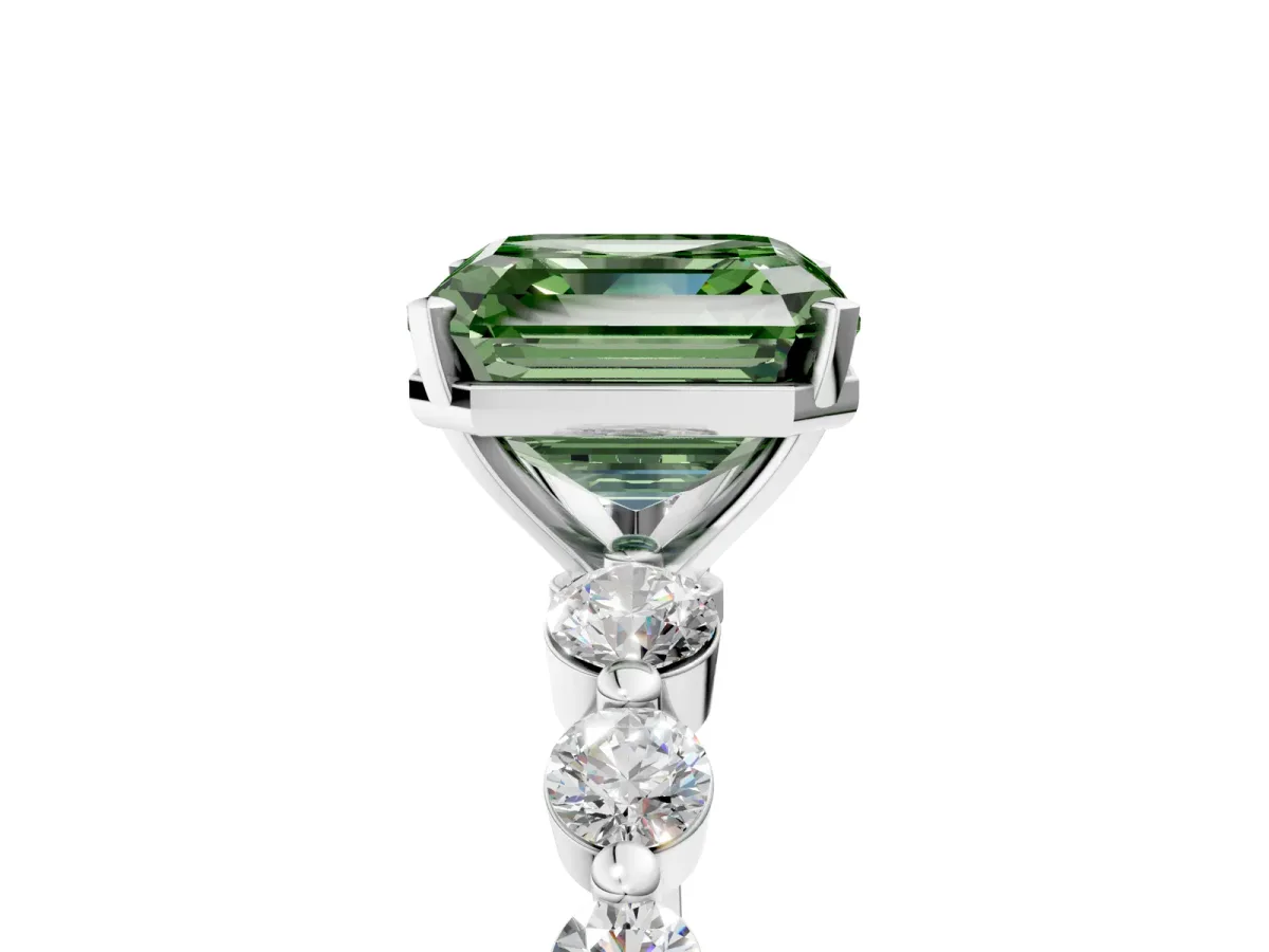 Fancy Green Asscher Cut Solitaire Diamond Ring with Pave Band and Four-Prong Setting Silver