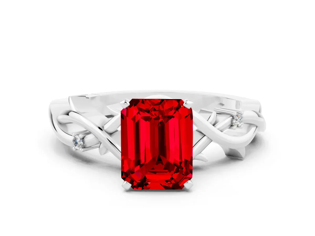 Emerald Cut Ruby Solitaire Ring with Twisted Band and Prong Setting Silver