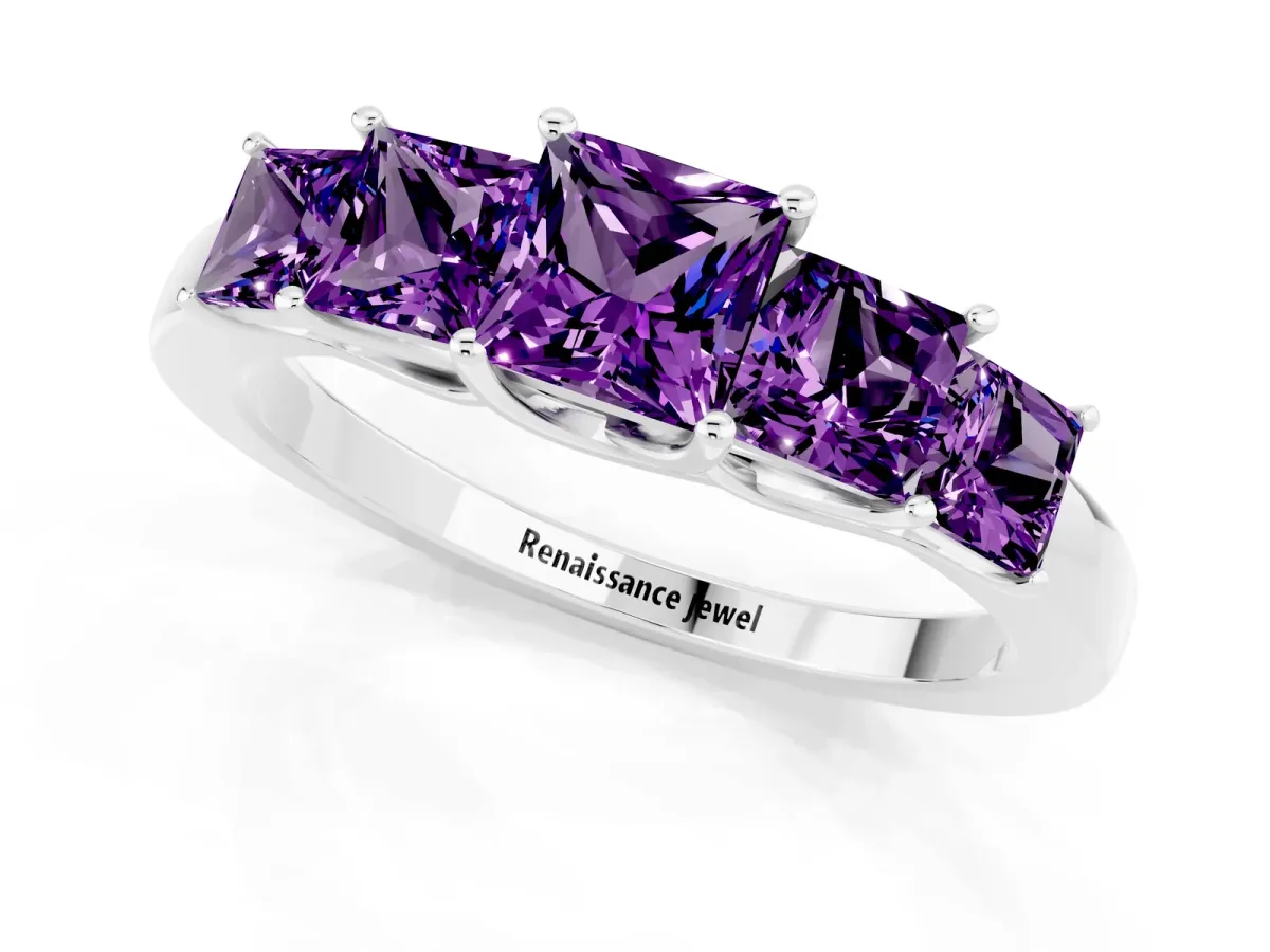 Princess Cut Five-Stone Amethyst Ring with Classic Prong Setting White gold