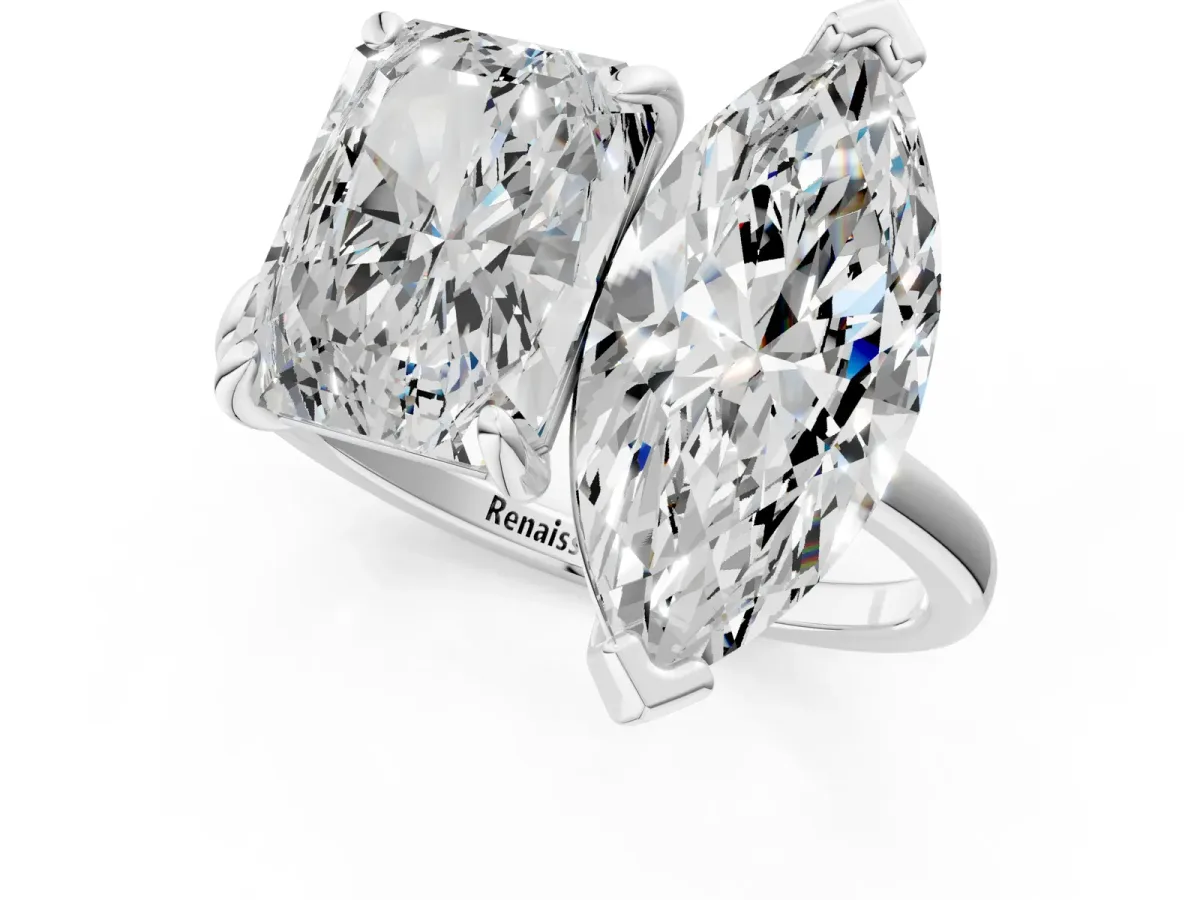 Emerald and Marquise Toi Moi Ring with Prong Setting and Plain Band Silver