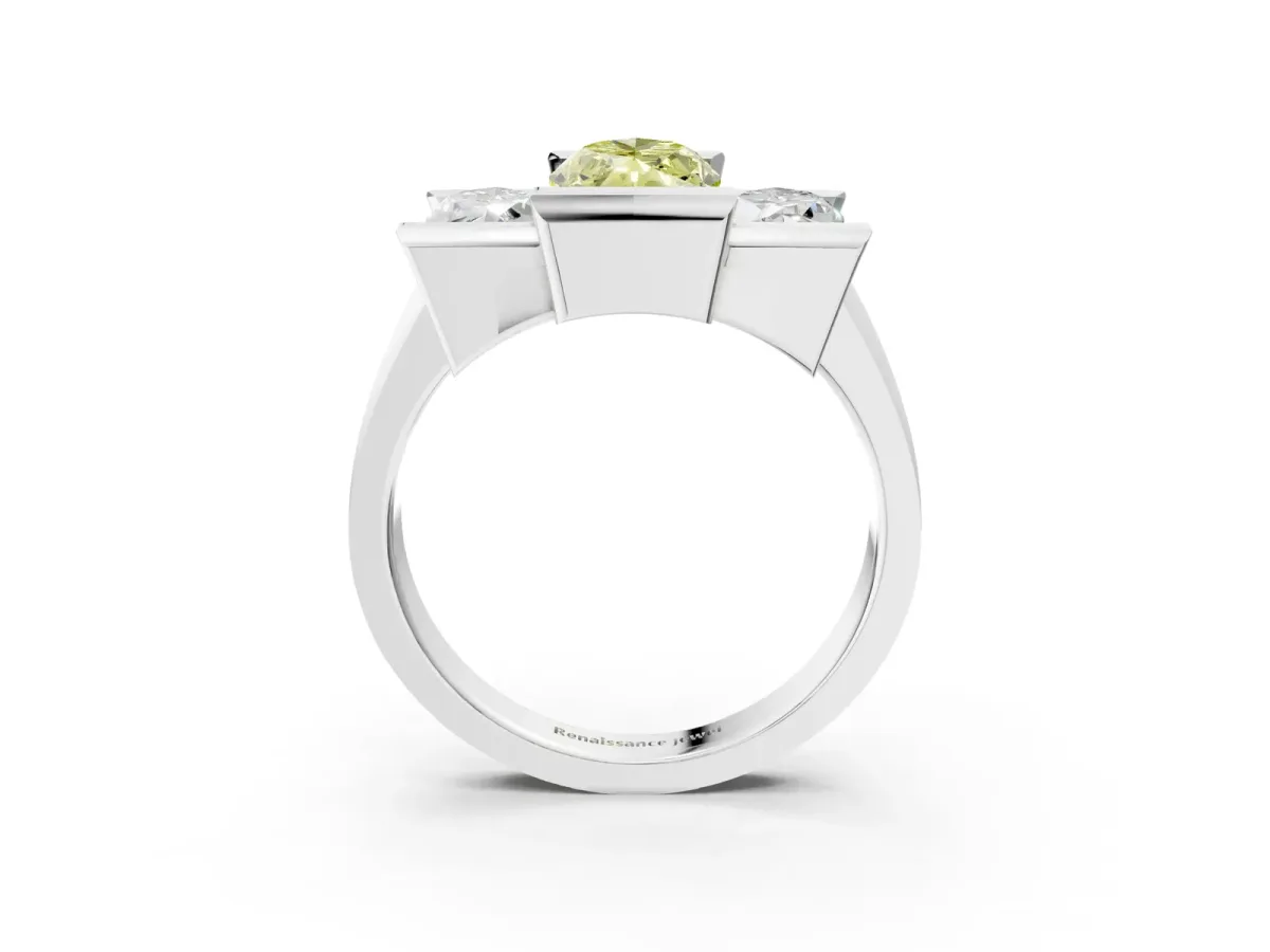 Fancy Yellow Three Stone Marquise Cut Cut Channel Set Diamond Ring Silver