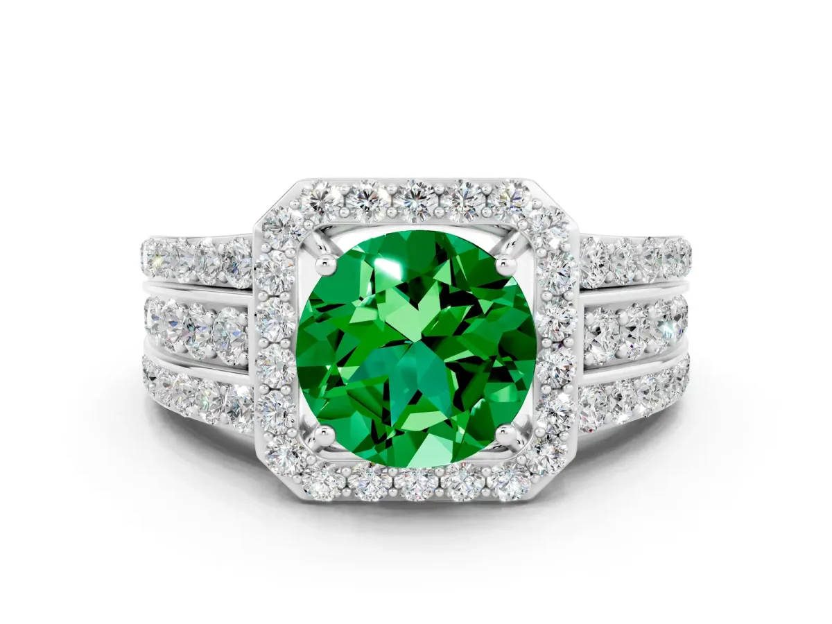 Round Cut Halo Emerald Ring with Round Split Shank and Prong Setting Silver